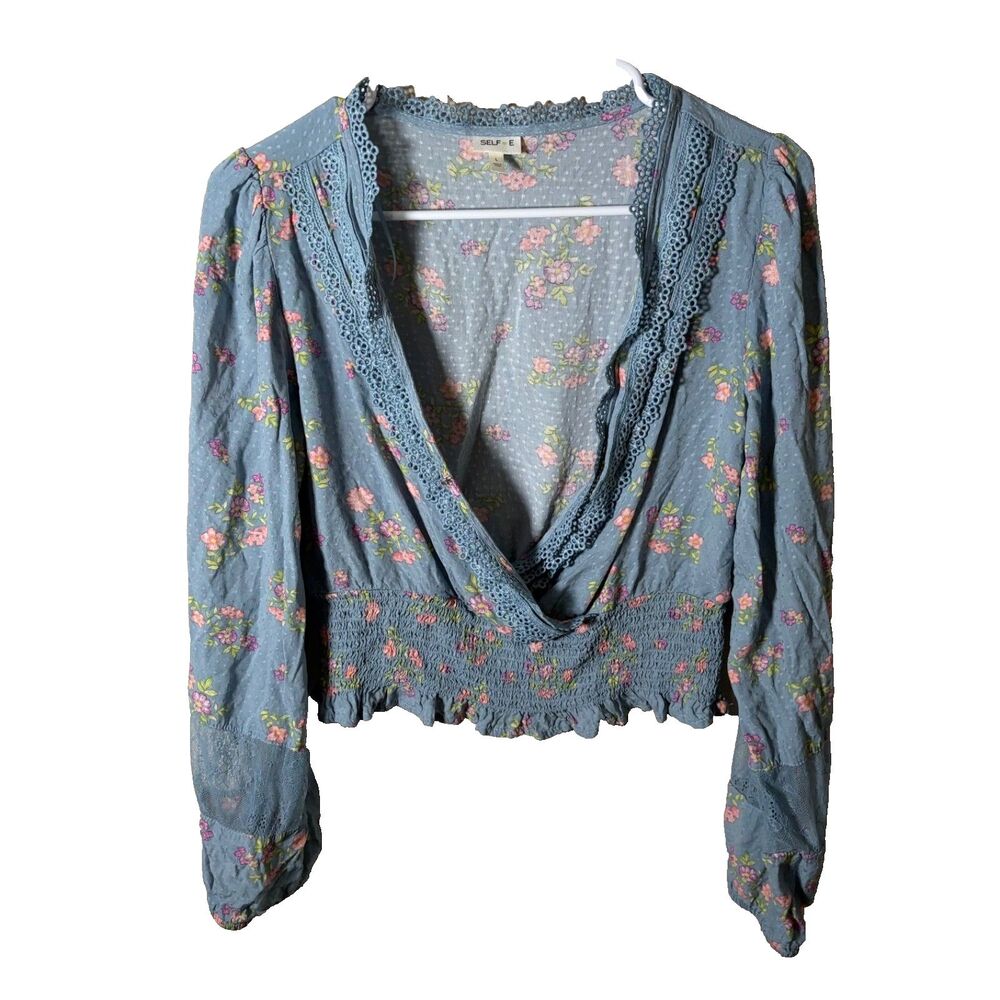Self E Blouse Women's Large V-Neck Wrap Cropped Floral Lace Boho Top Shirt